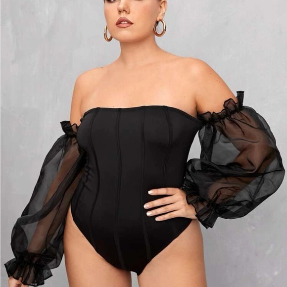 Off Shoulder sheer organza sleeves bodysuit - Picture 3 of 3